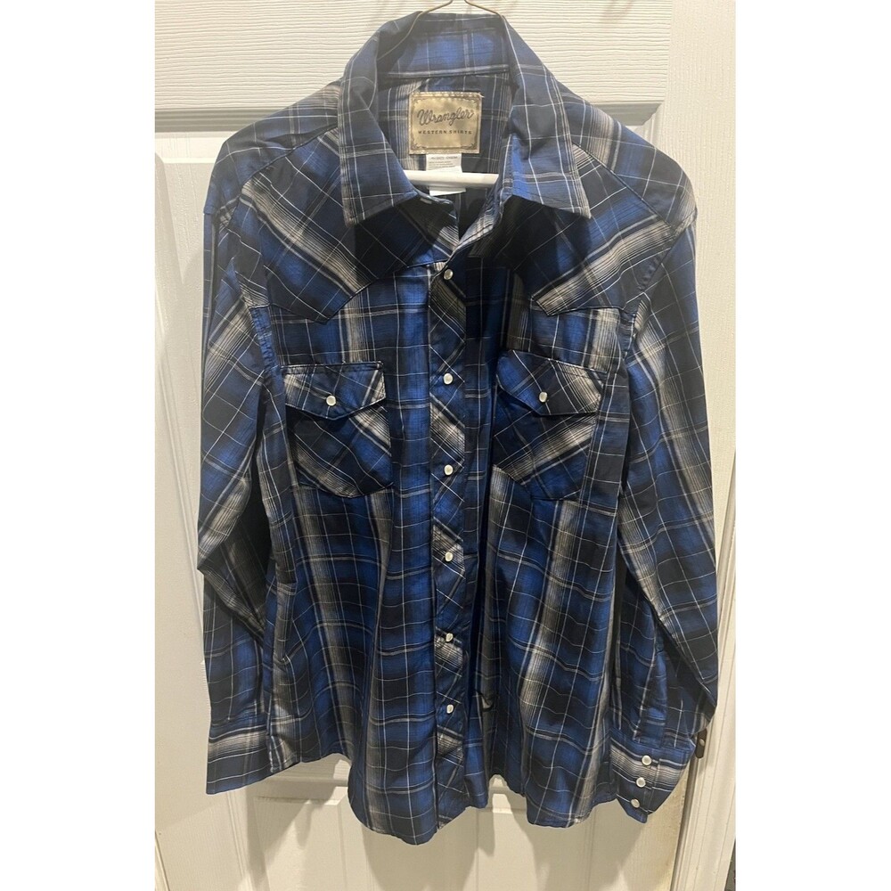 Wrangler Pearl Snap Shirt Adult L Blue Long Sleeve Western Cowboy Rodeo